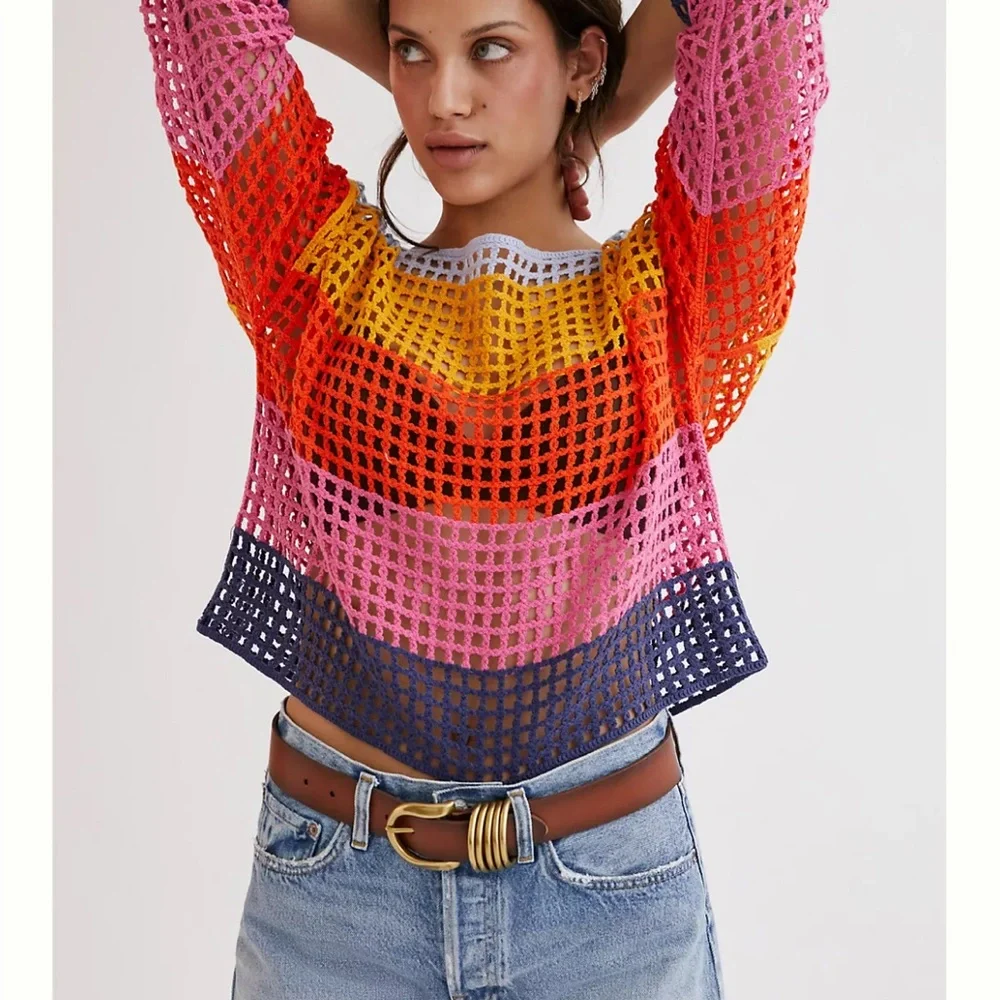 Anthropologie Maeve Yellow and Blue Crochet Top